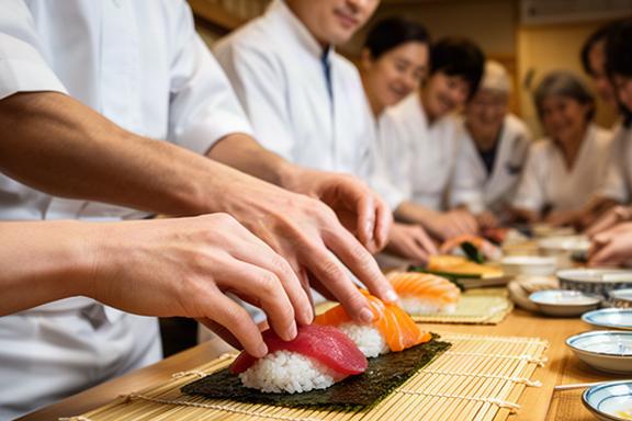 北海道の料埋教室で訪日旅者が寿司の握り方を学ぶ様子、白いエプロン姿の参加者が板前の指導でシャリにネタをのせる手元