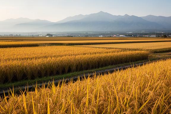 深川市の広大な水田風景、実りの秋を迎えた黄金色の稲穂が一面に広がり遠くに石狩川の流れと山並みが見える